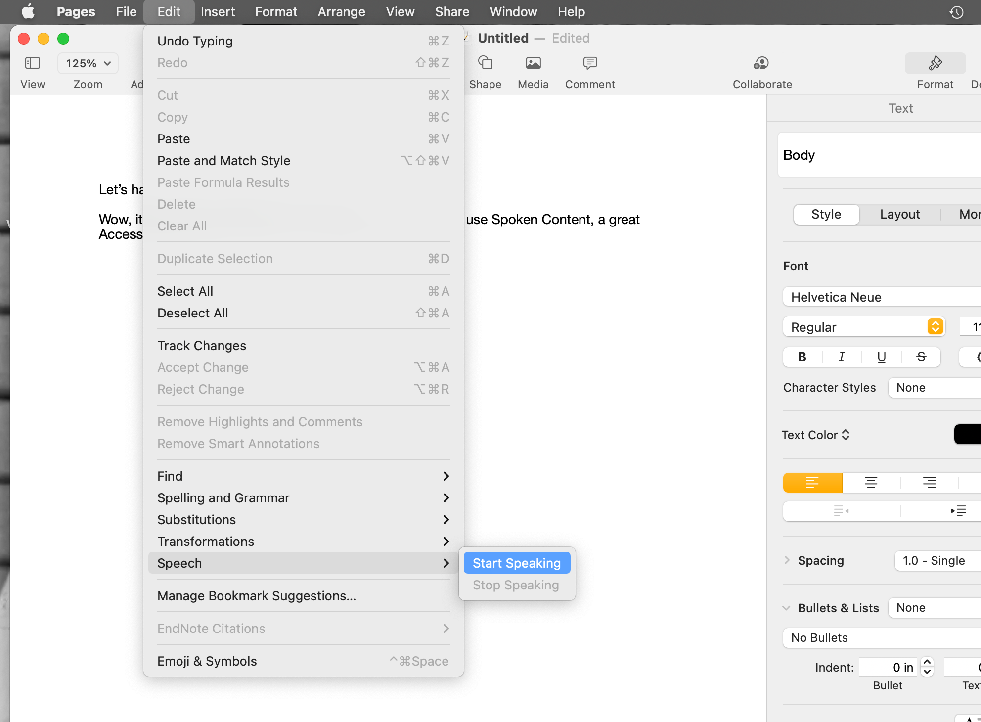 So verwenden Sie gesprochene Inhalte, um Ihren Mac laut vorlesen zu lassen - Speech menu open in Pages on MacBook Pro