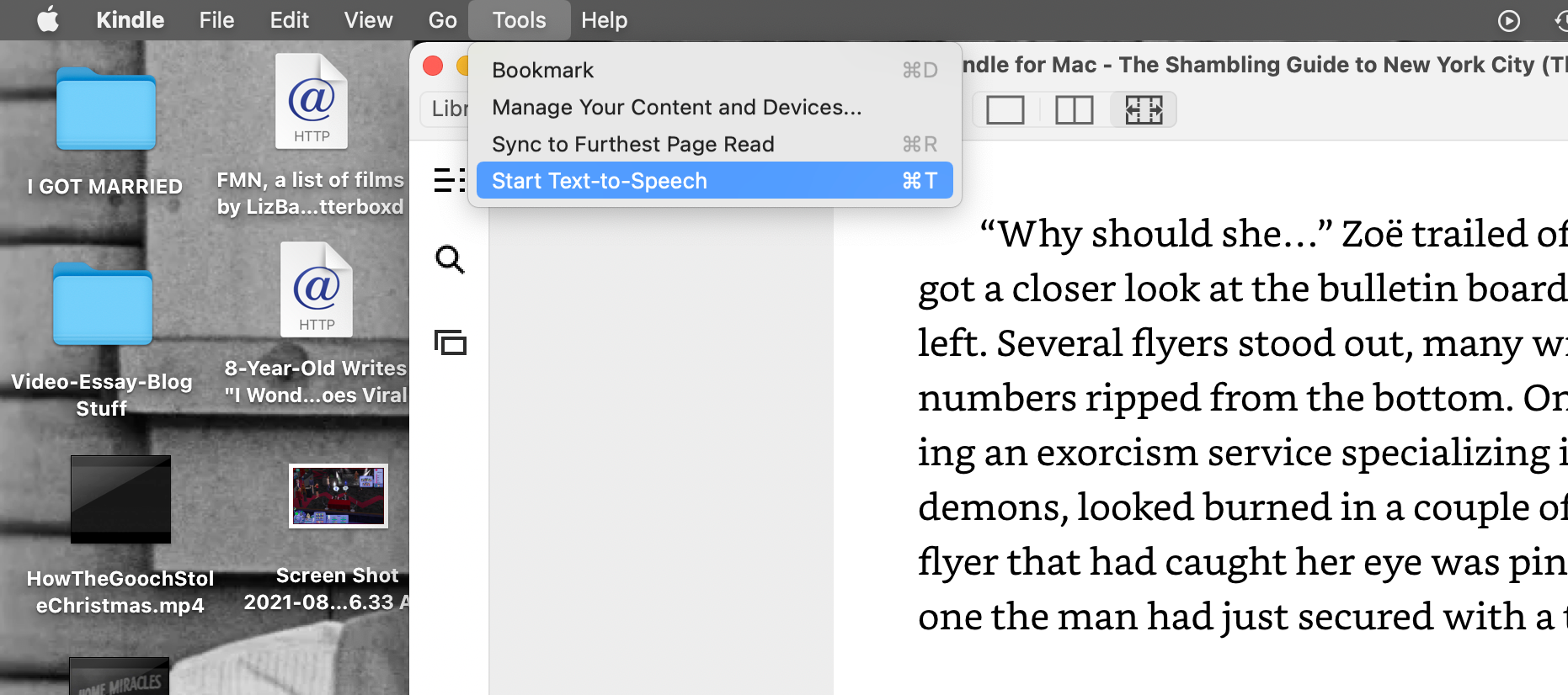 Start Text-to-Speech menu option selected in Kindle for Mac app