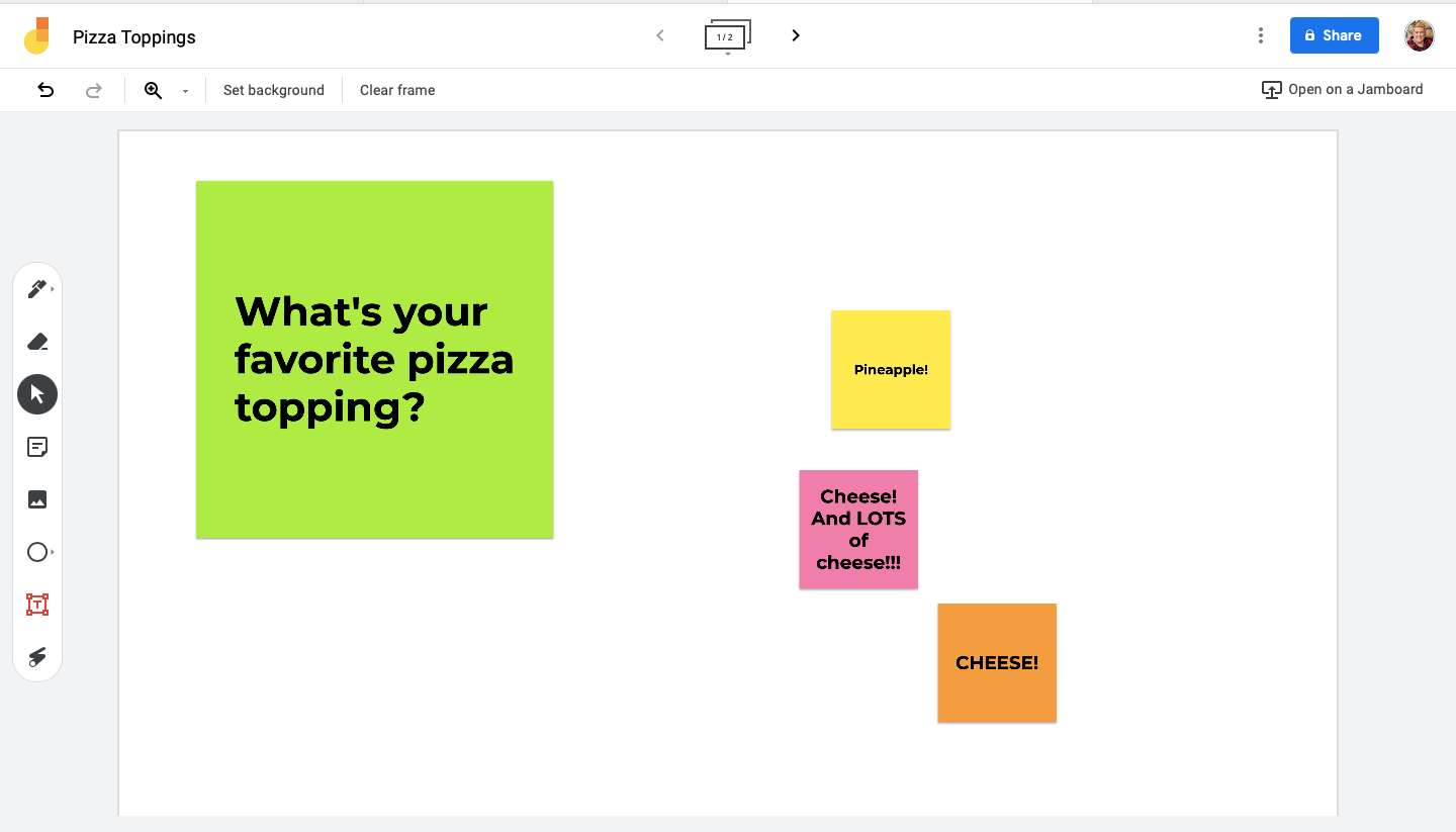 Image shows the Sticky Note feature inside Google Jamboard