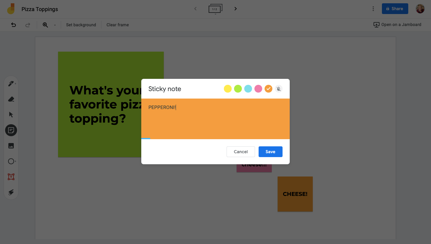 Image shows how to type inside the sticky note tool inside Google Jamboard