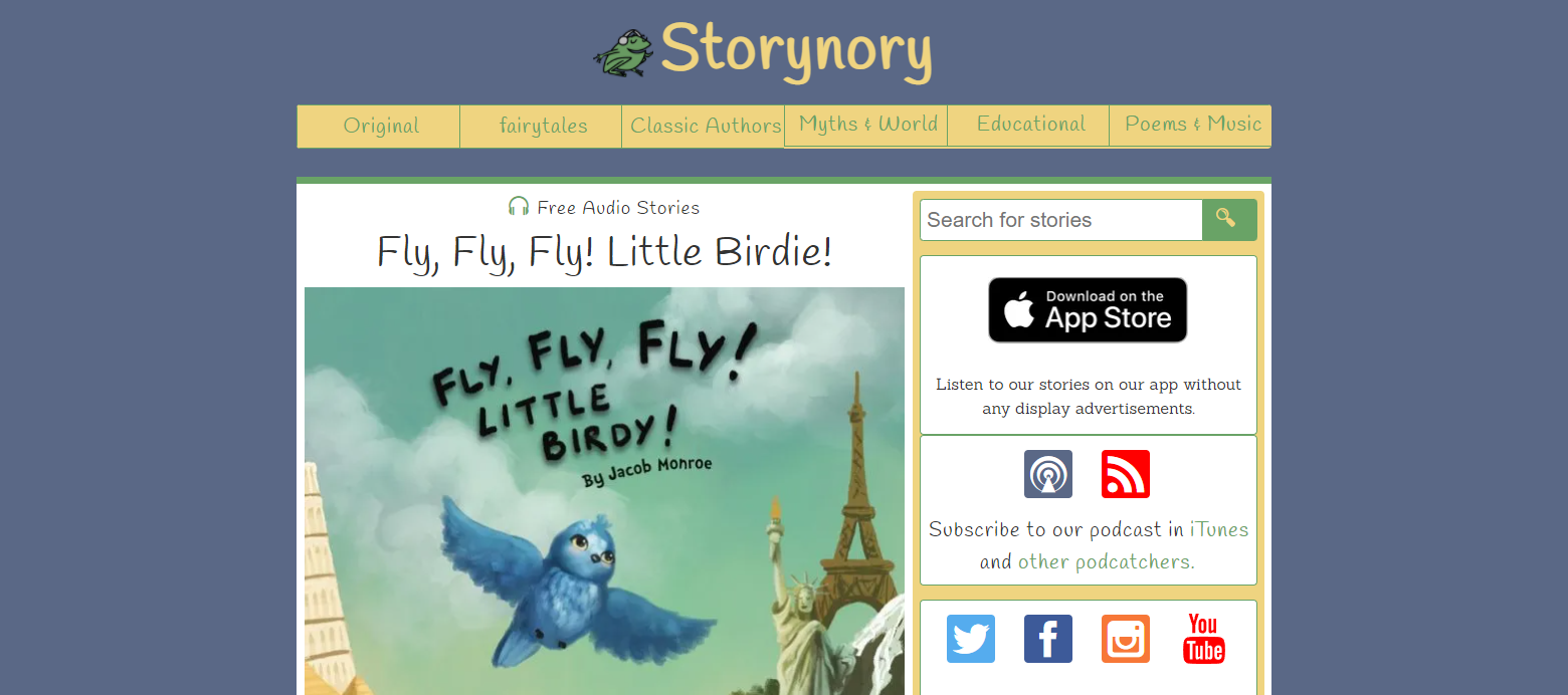 A screenshot of Storynory's landing page