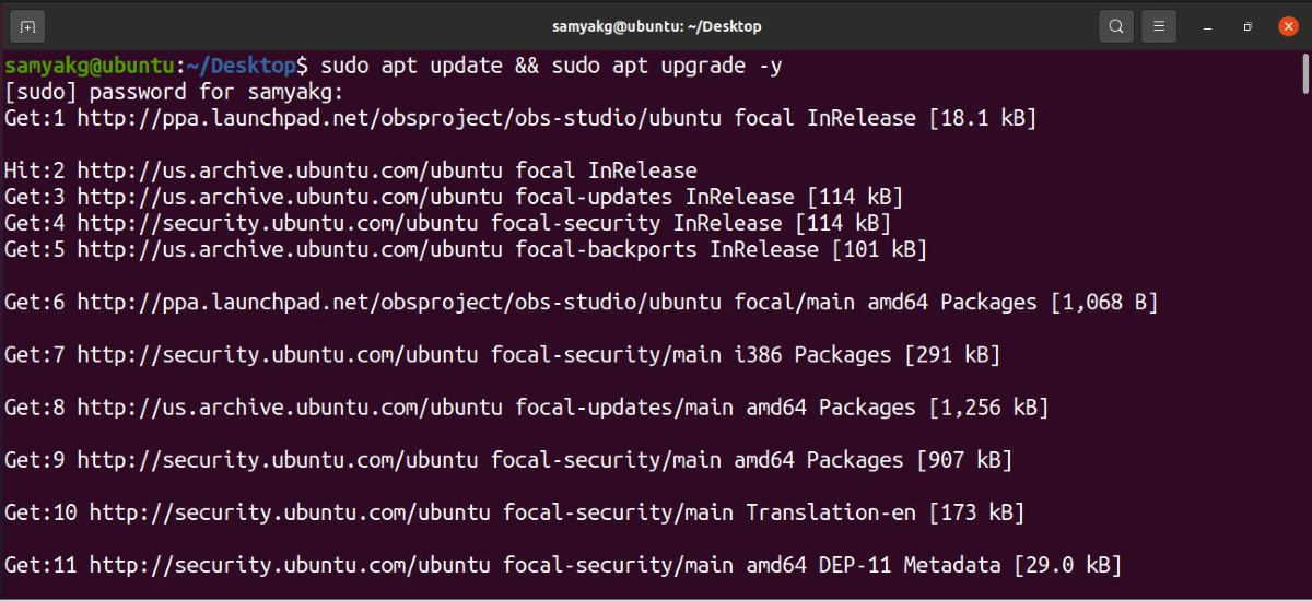 Using the sudo apt update && apt upgrade command in Ubuntu