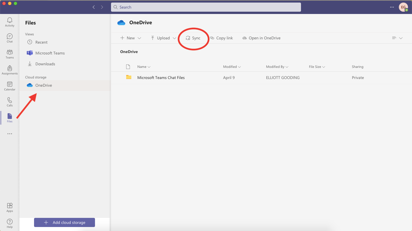 Using the sync button on Microsoft Teams to sync files up to OneDrive
