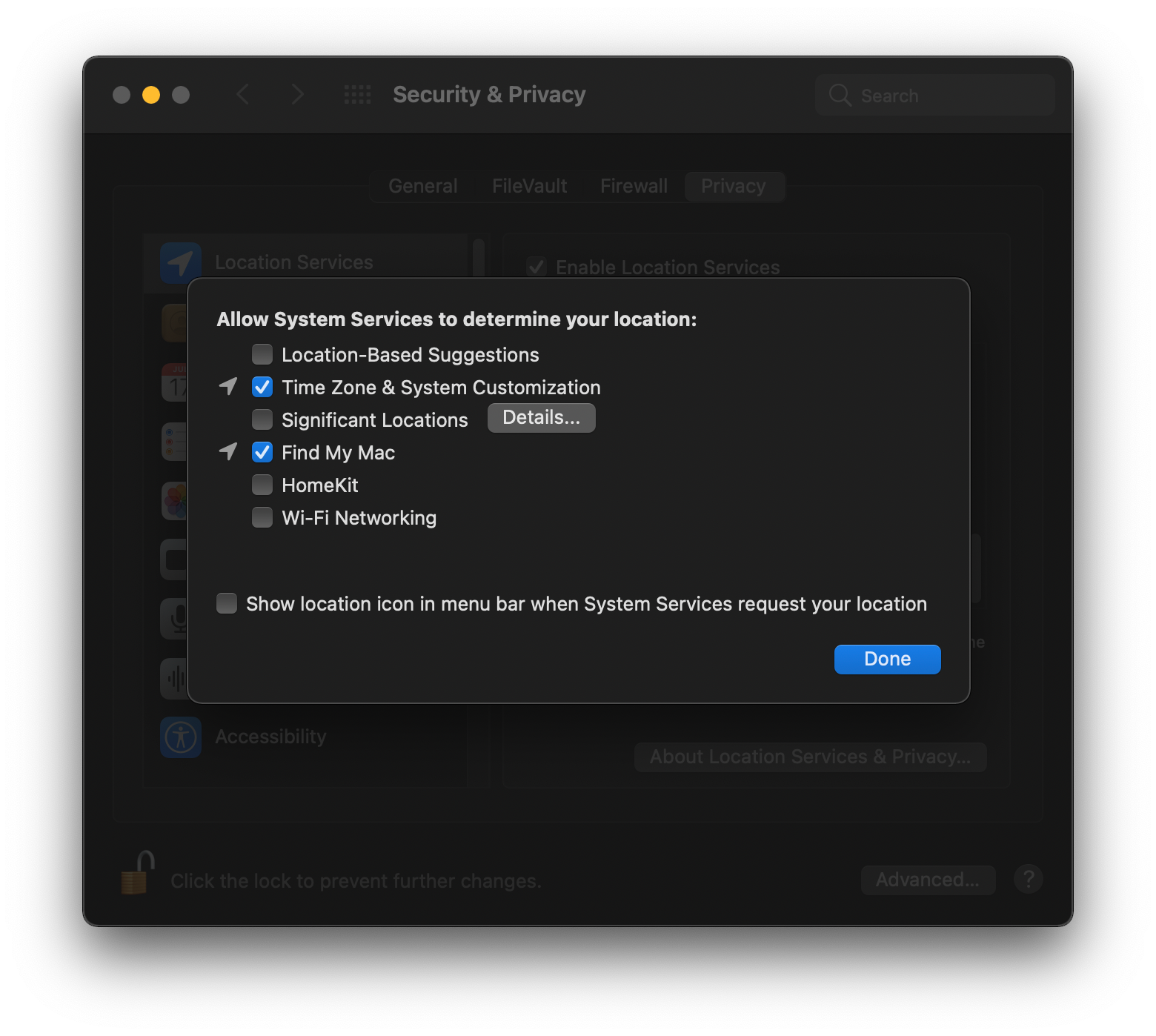 System Services settings on macOS