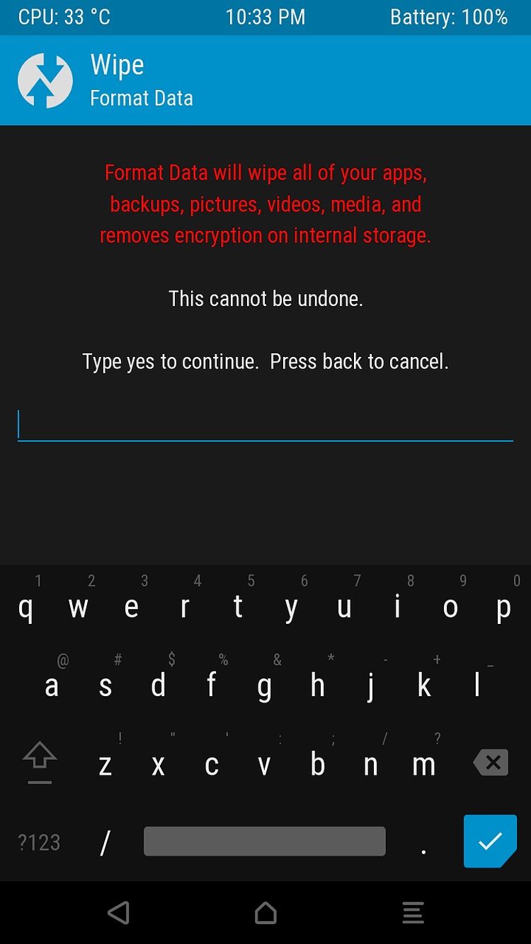 TWRP Format Data Confirmation Dialog