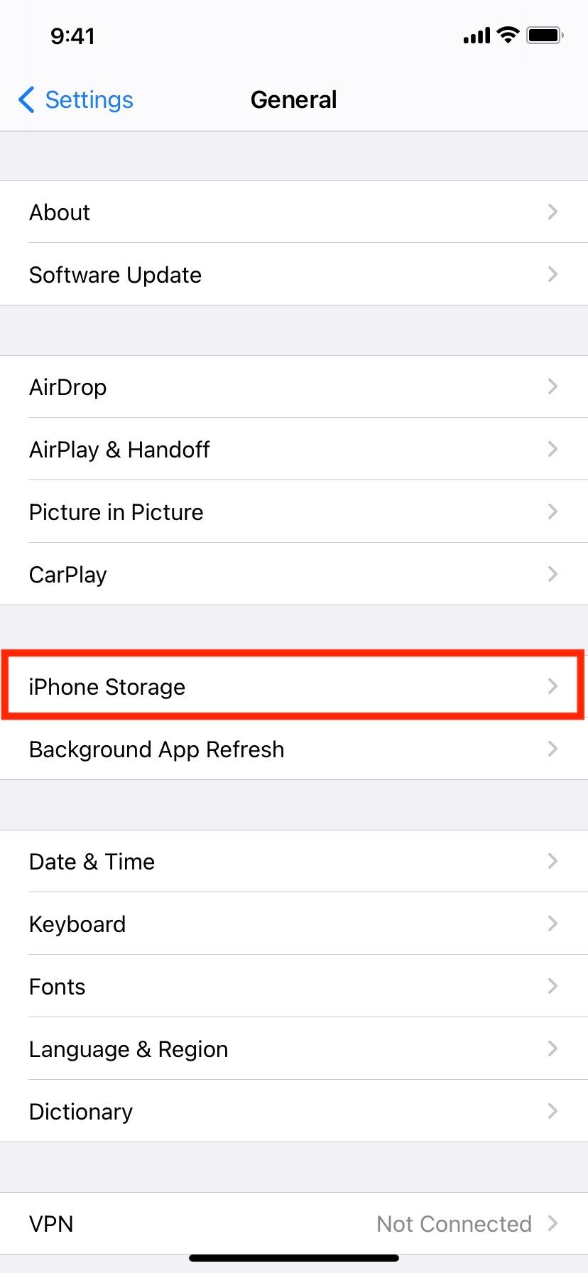 Tap iPhone Storage in General Settings