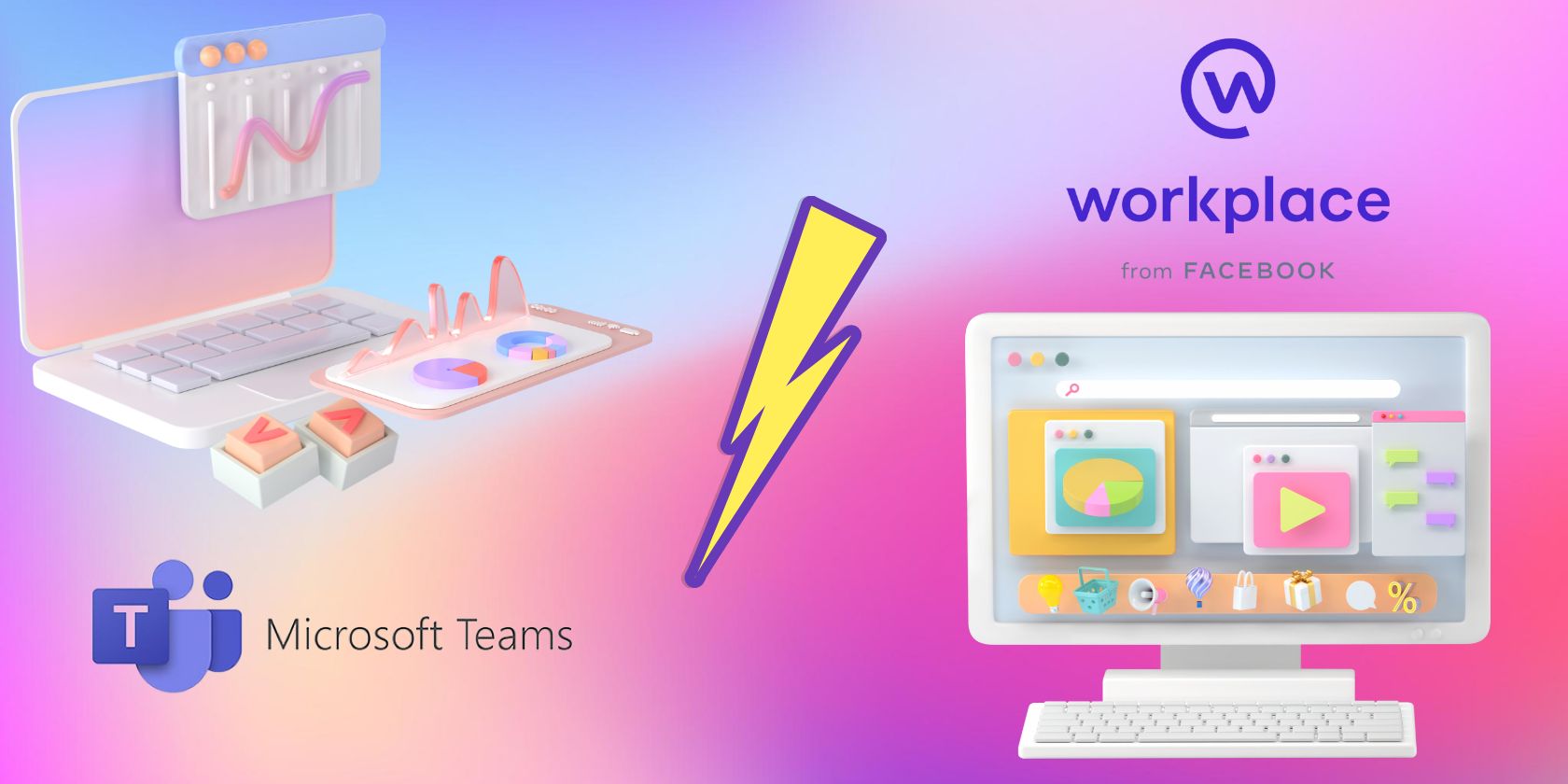 An illustration of computers and logos of Workplace and Teams