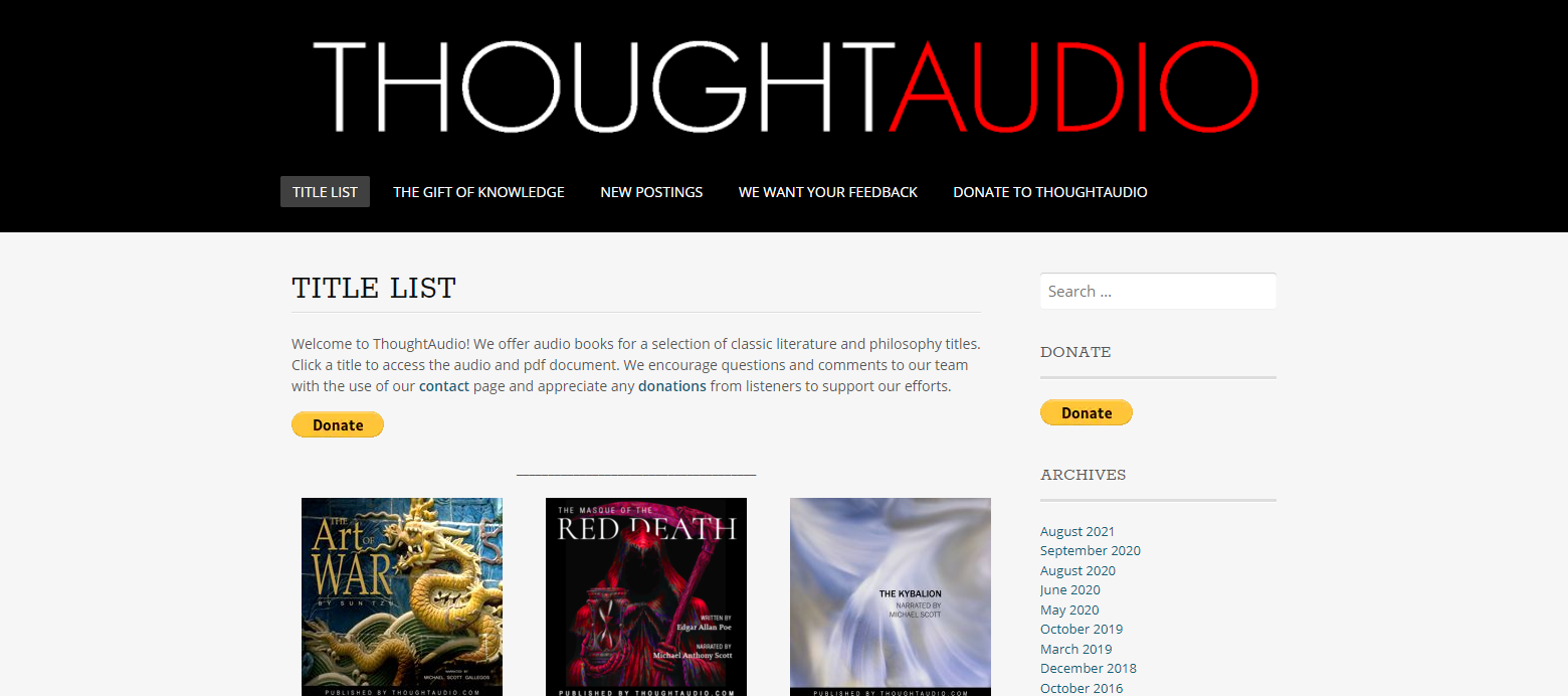 A screenshot of ThoughtAudio's landing page