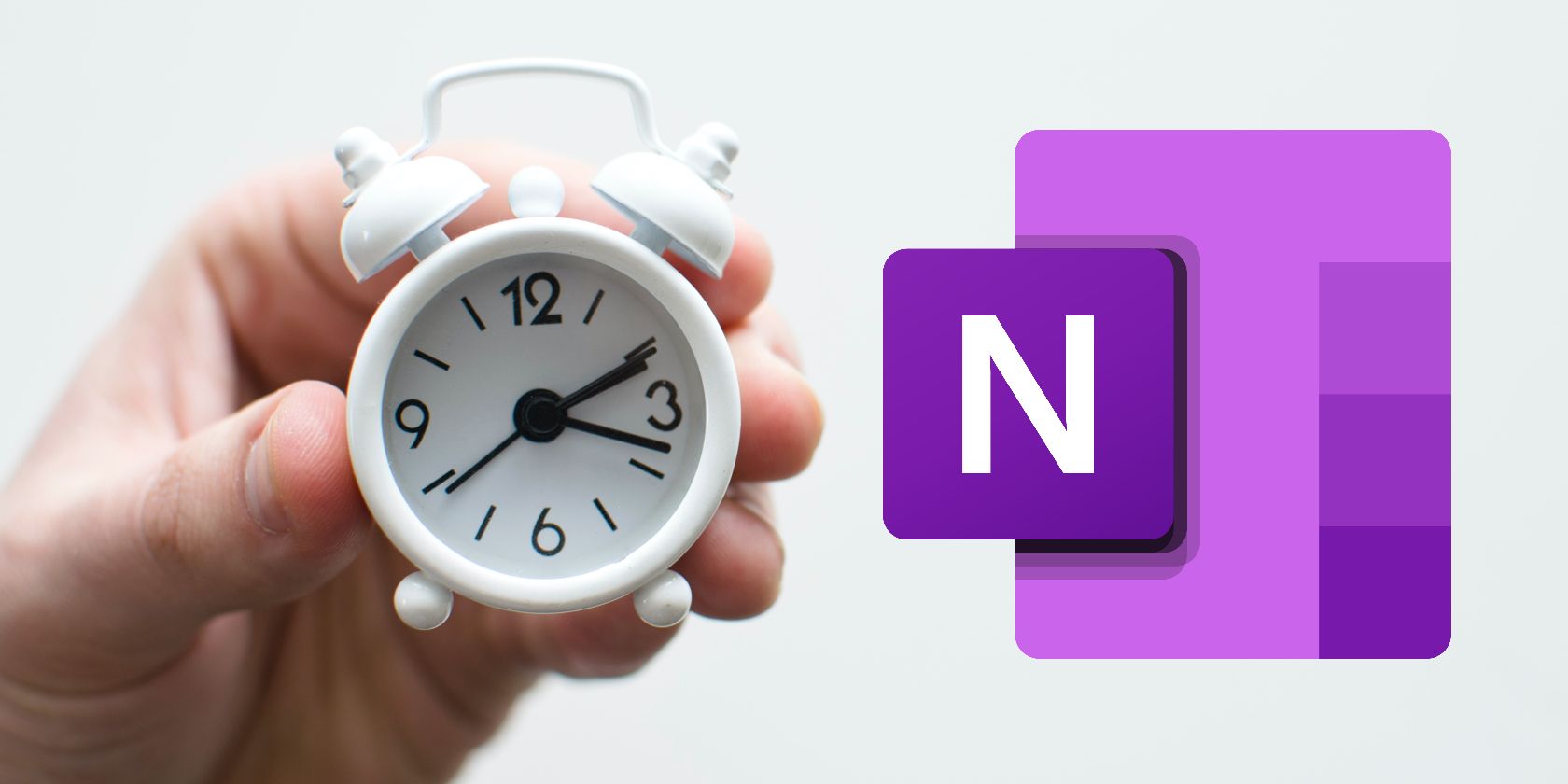 A ticking clock held up next to the OneNote logo