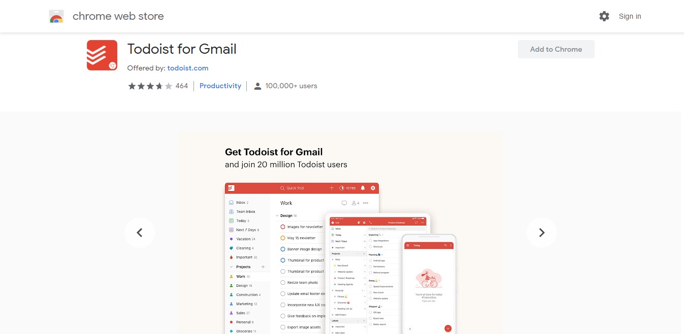 A screenshot of Todoist for Gmail's Chrome store page