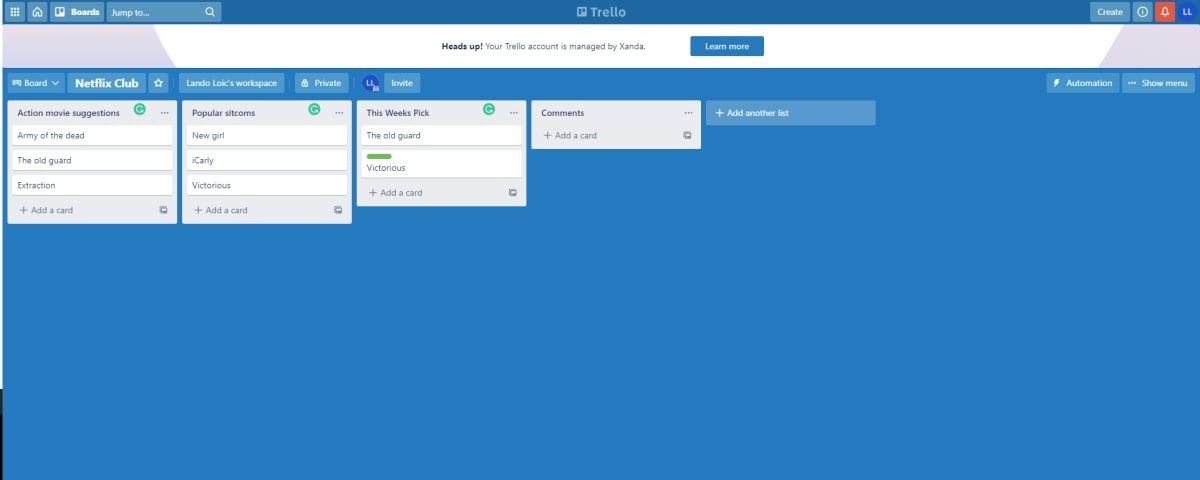 Screenshot of Trello water cooler board