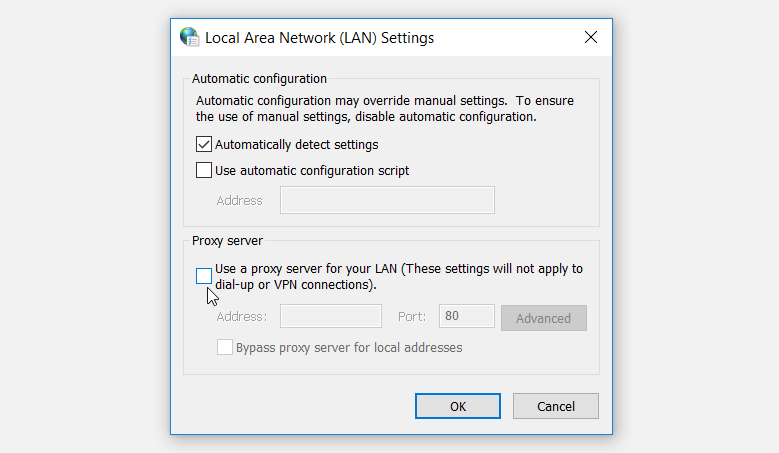 Unchecking the Use a proxy server for your LAN box
