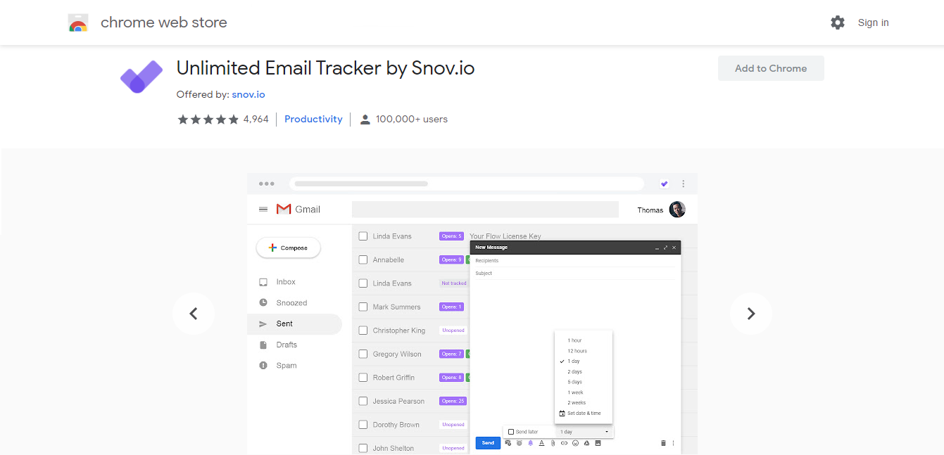 A screenshot of Unlimited Email Tracker by Snov.io's Chrome store page