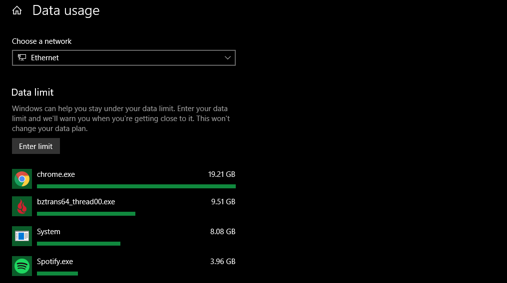 Windows 10 Bandwidth Usage Menu