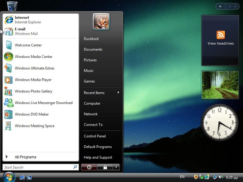 WIndows Vista's default desktop environment, with widgets and open taskbar menu