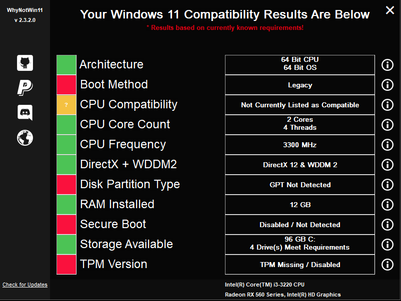 WhyNotWin11 compatibility results