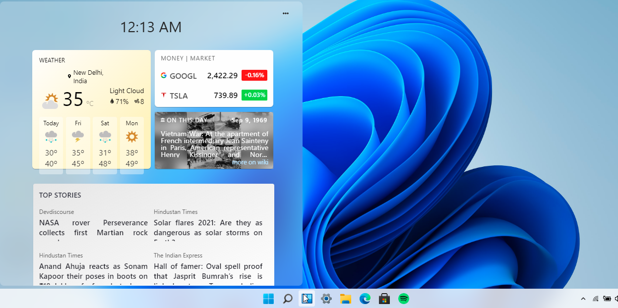 Windows 11 Widgets menu showing Microsoft Start