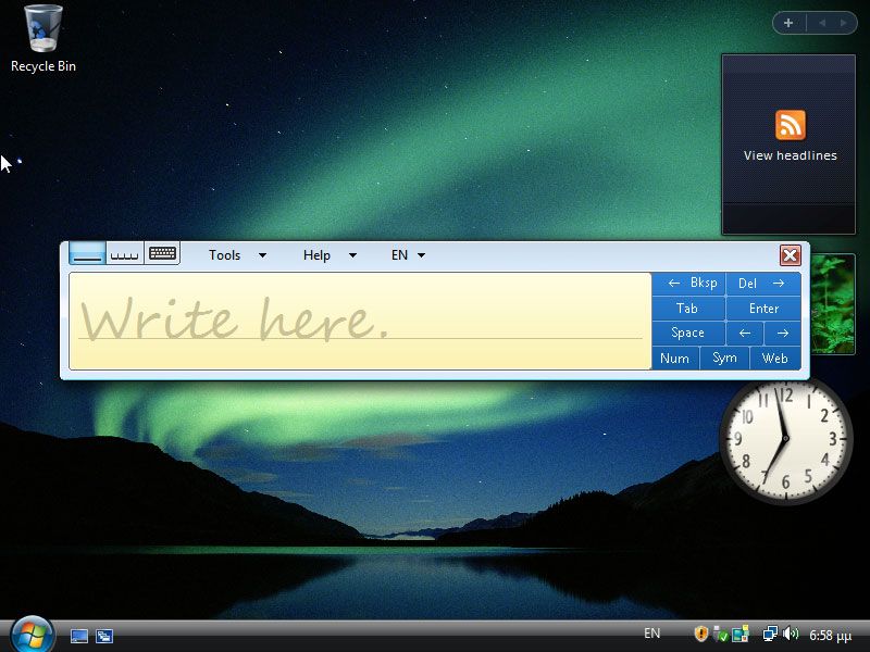 Windows Vista's handwriting recognition window, prompting the user to write in it (with a stylus, pen tablet, or similar input solution)