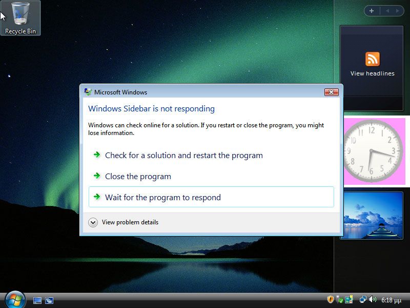 Windows Vista asking if it should terminate its own sidebar after it stopped responding