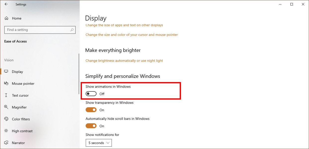 Windows 10 Display Settings with Animation options highlighted