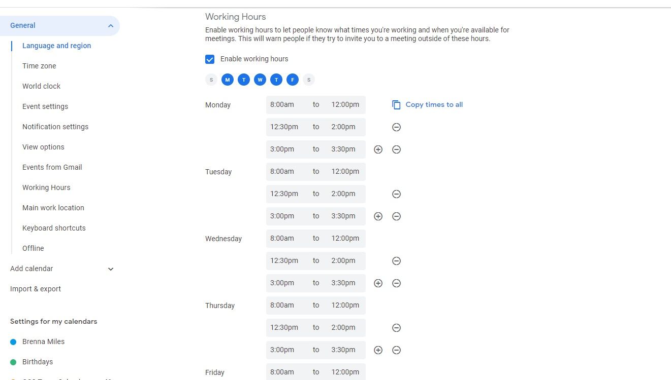 Image shows the Working Hours settings inside Google Calendar