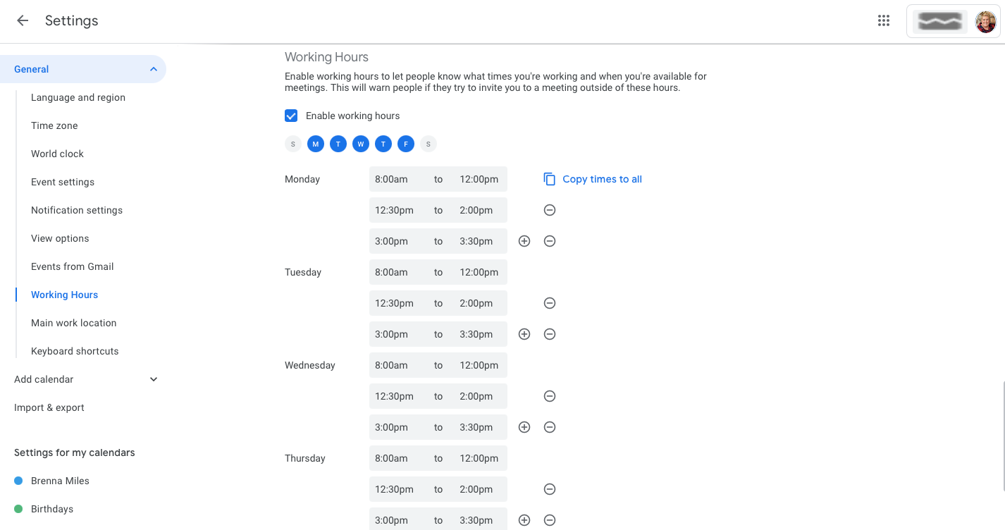 Image shows working hours inside Google Calendar settings