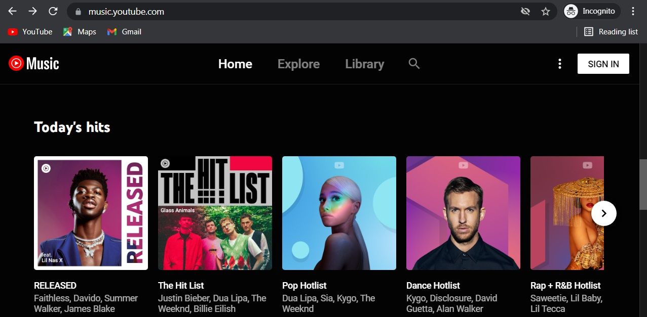 Screenshot of the YouTube Music website