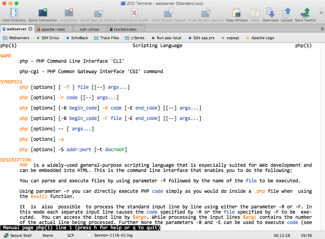 Janela principal do ZOC Terminal no Mac com guias codificadas por cores visíveis