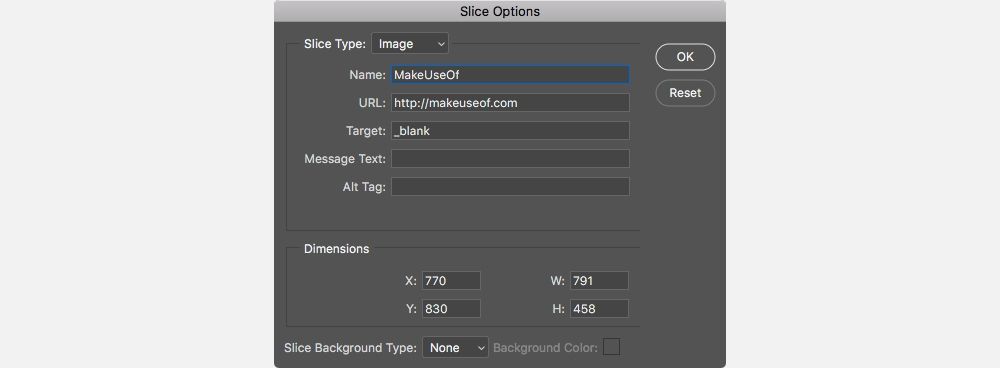 The Photoshop Slice options.