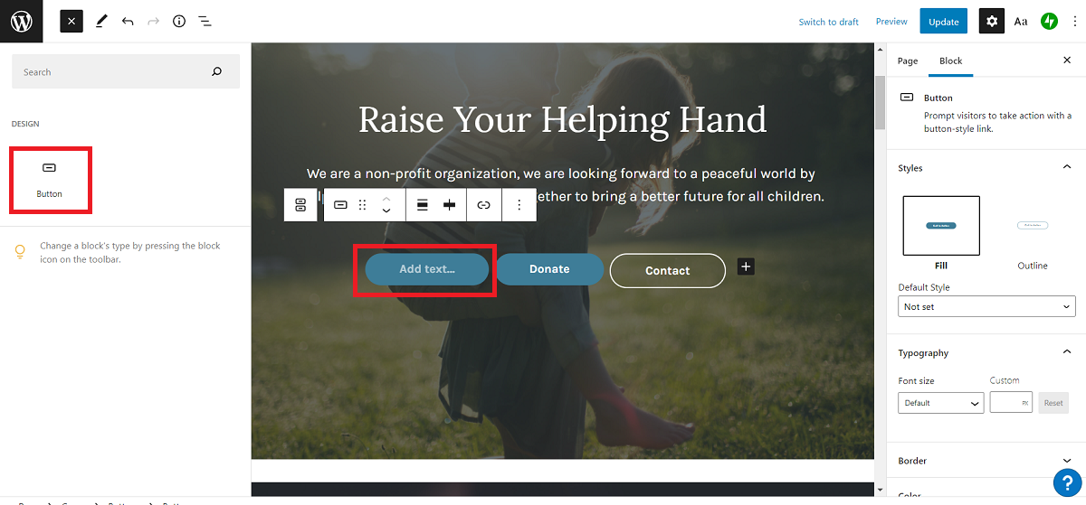 adding a button to the web page - Come avviare un sito Web con WordPress.com