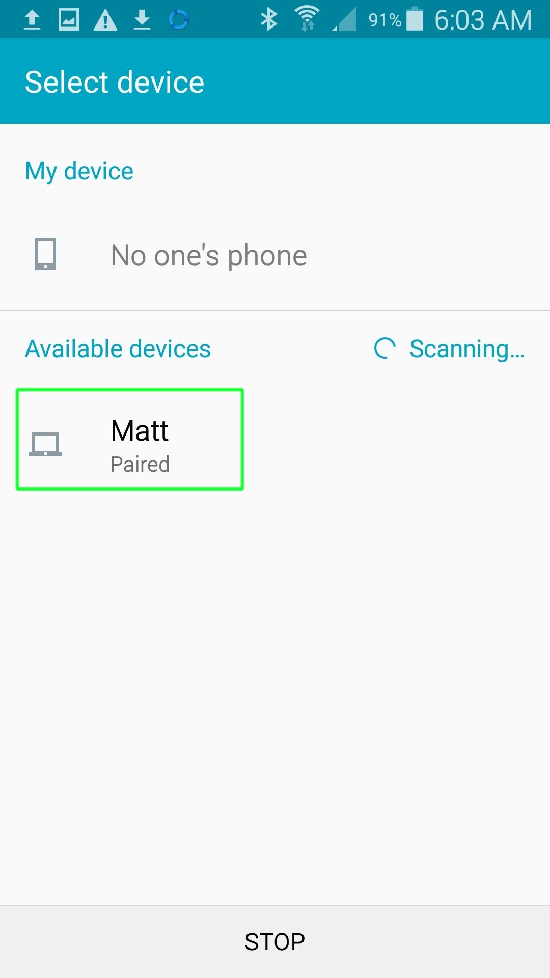 Android Bluetooth send window with paired device highlighted.