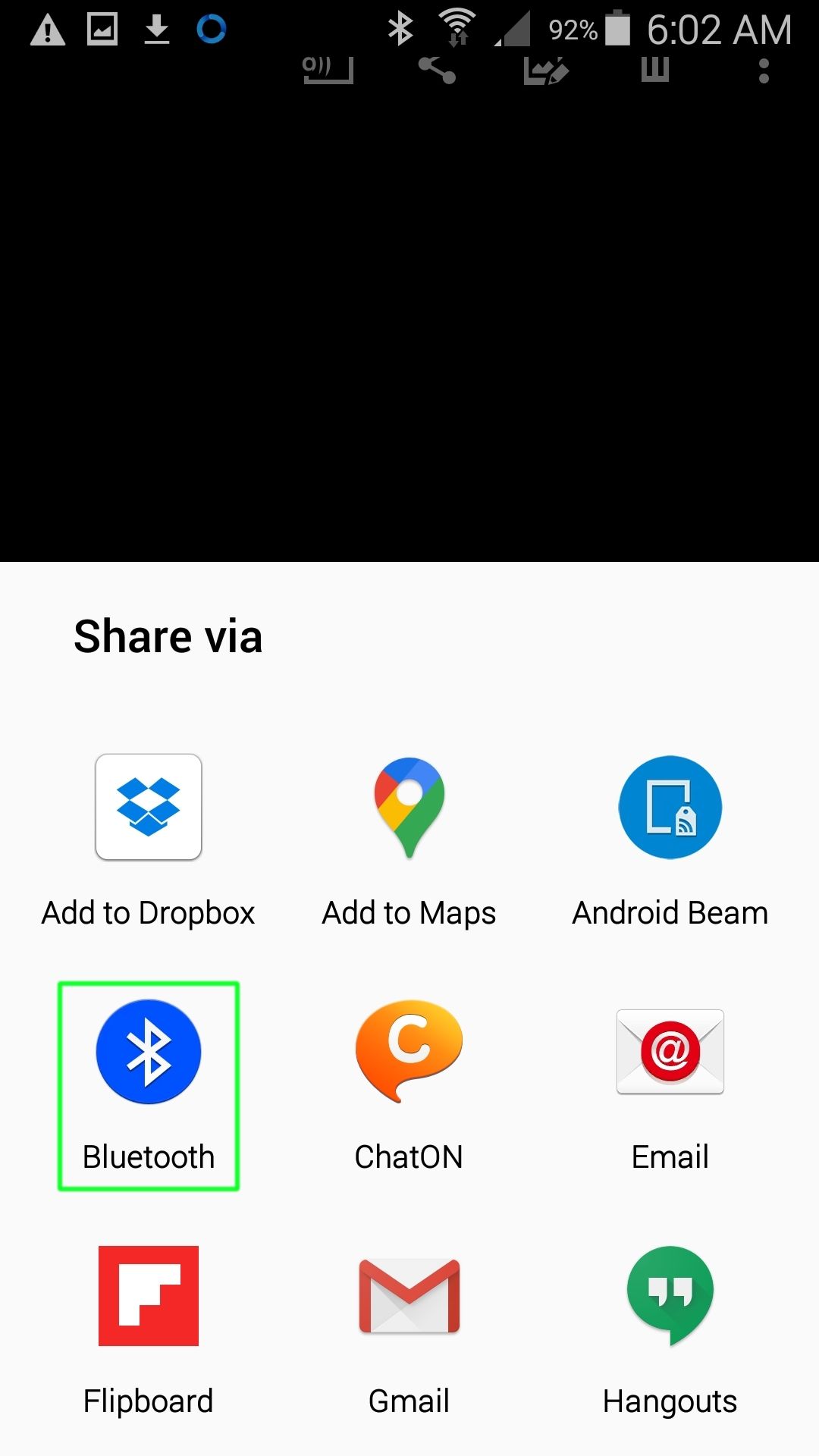 Android share via window with Bluetooth highlighted.