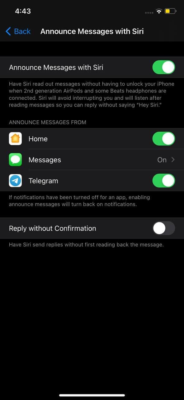 announce messages with siri settings