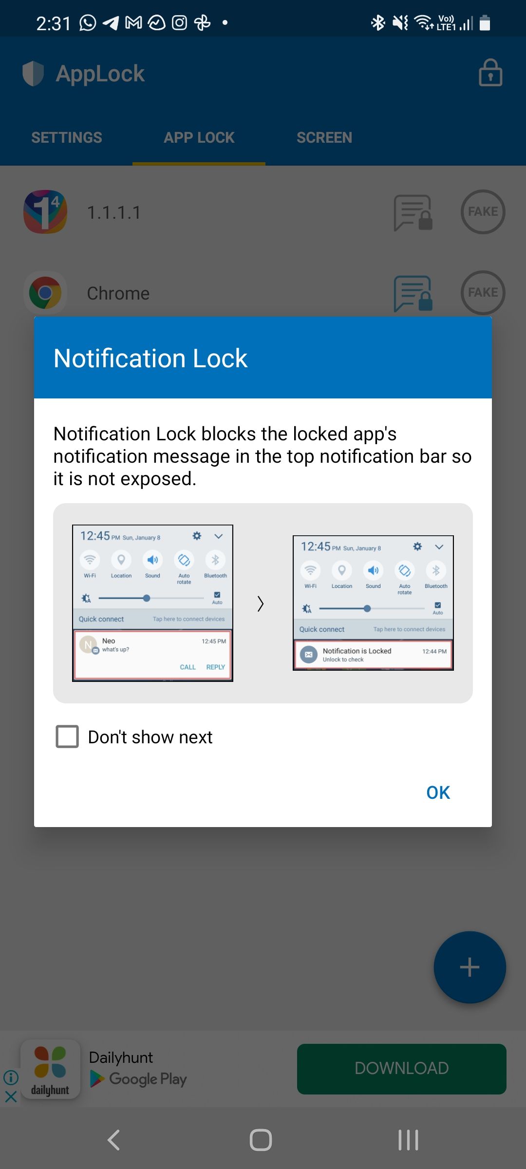 Lock Notification Content in Android