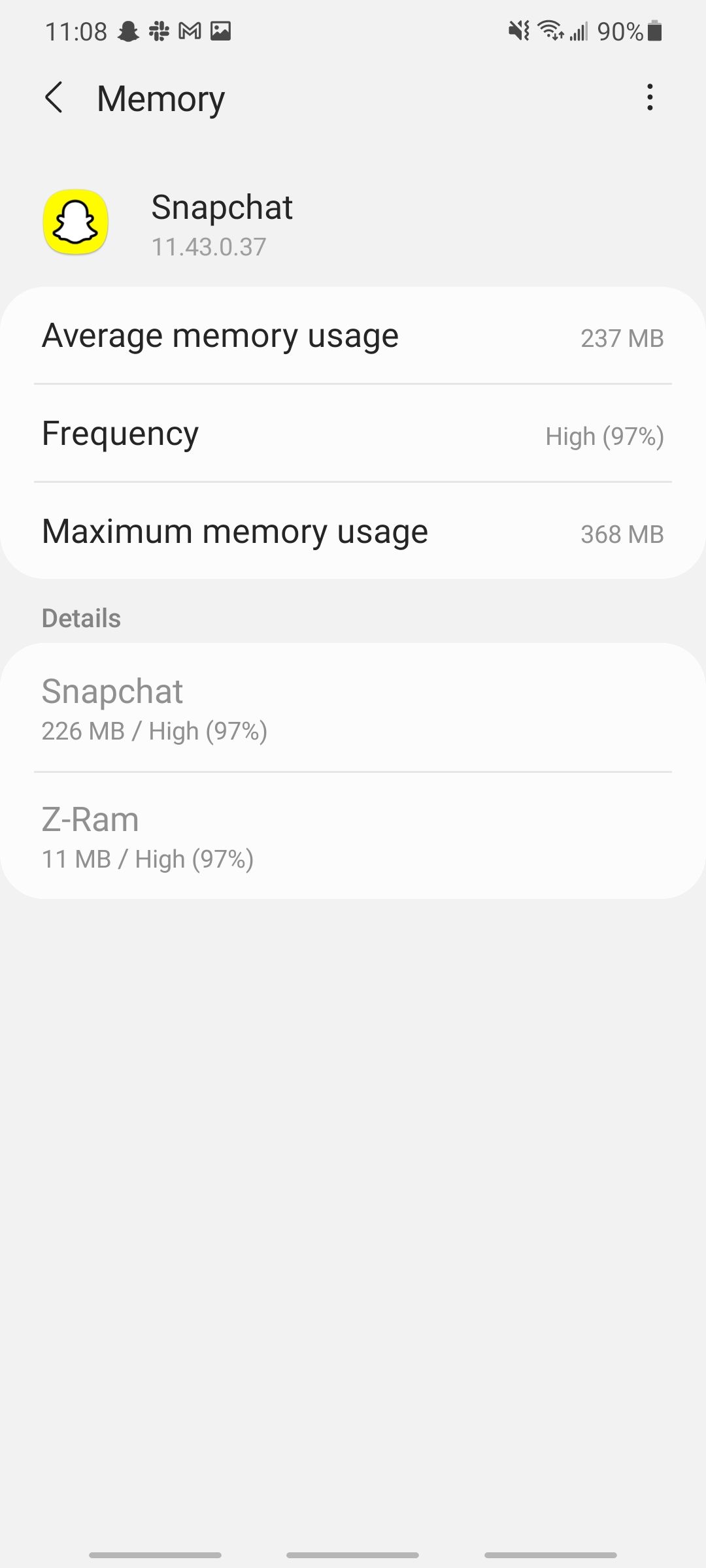 application memory usage from snapchat app