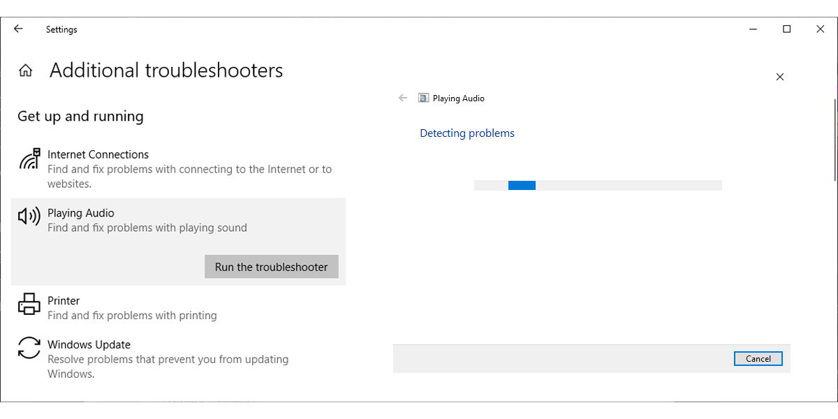 Audio troubleshooter in Windows 10