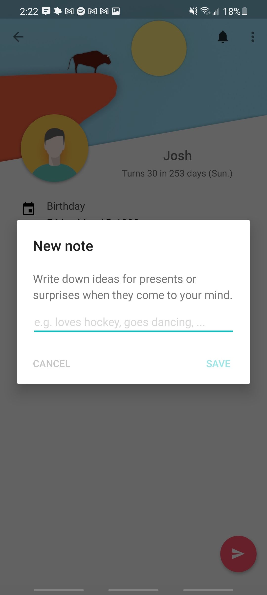 birthdays app adding a note on top of an entry