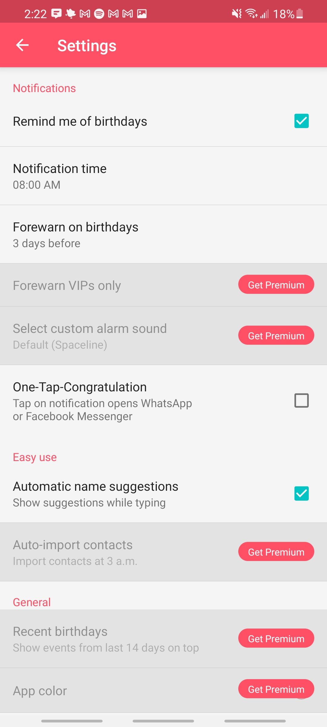birthdays app settings screen