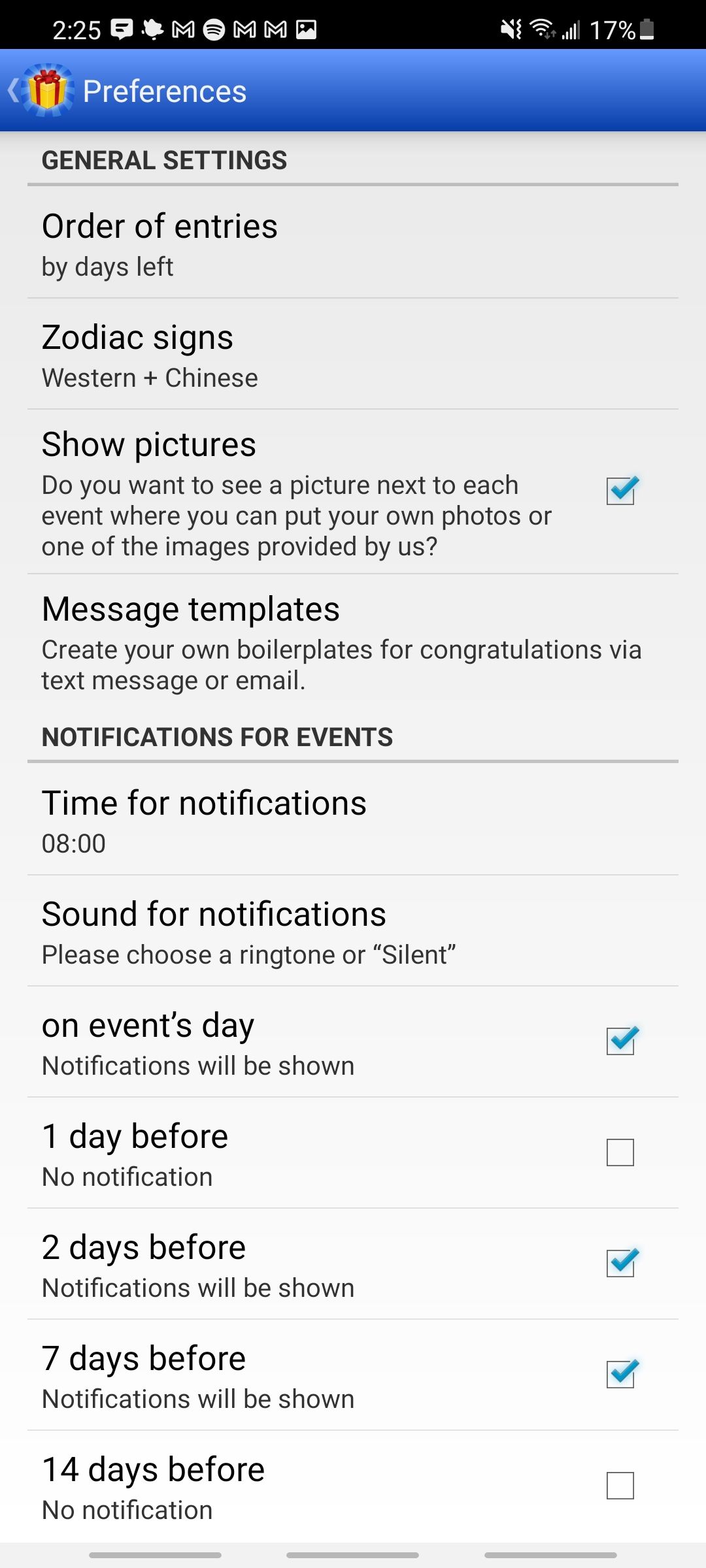 birthdays for android app settings preferences
