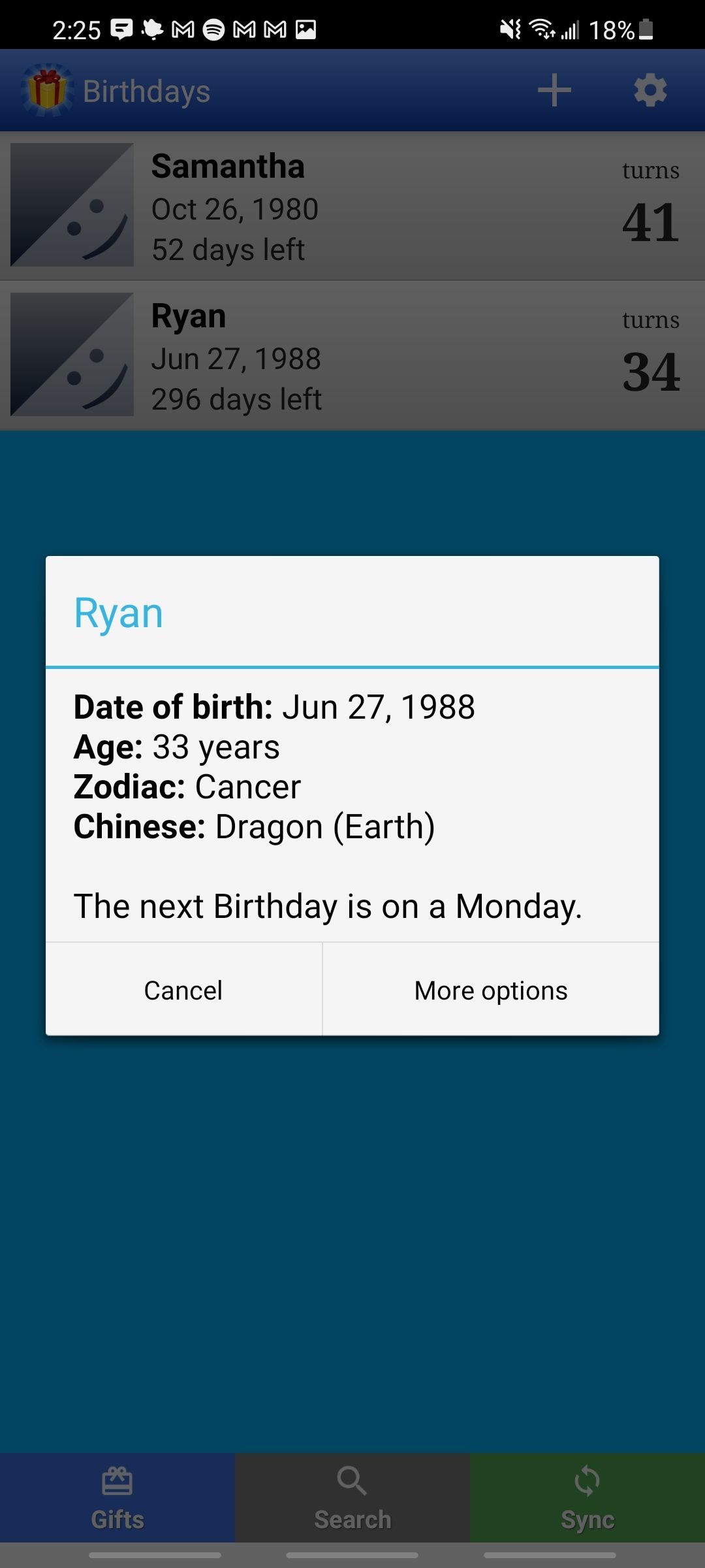 birthdays for android app showing birthday details