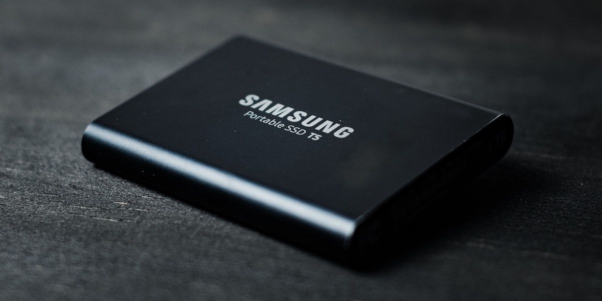 A black Samsung portable SSD
