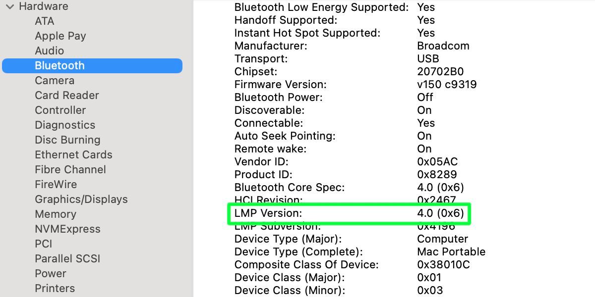 Mac system information window with LMP Version highlighted in the Bluetooth section.
