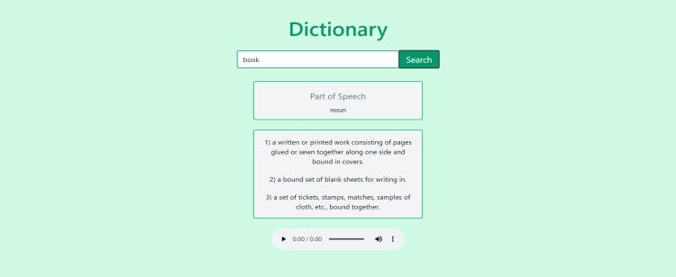 Shows the definitions, part of speech and phonetics for the word book
