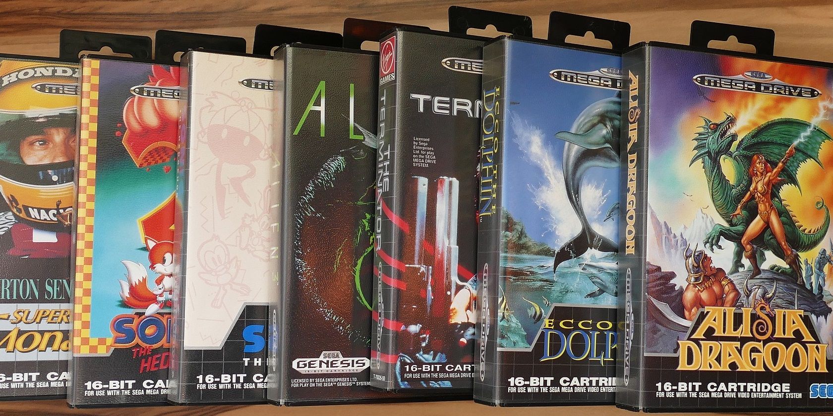 Selection of boxed Sega Mega Drive/Genesis games.