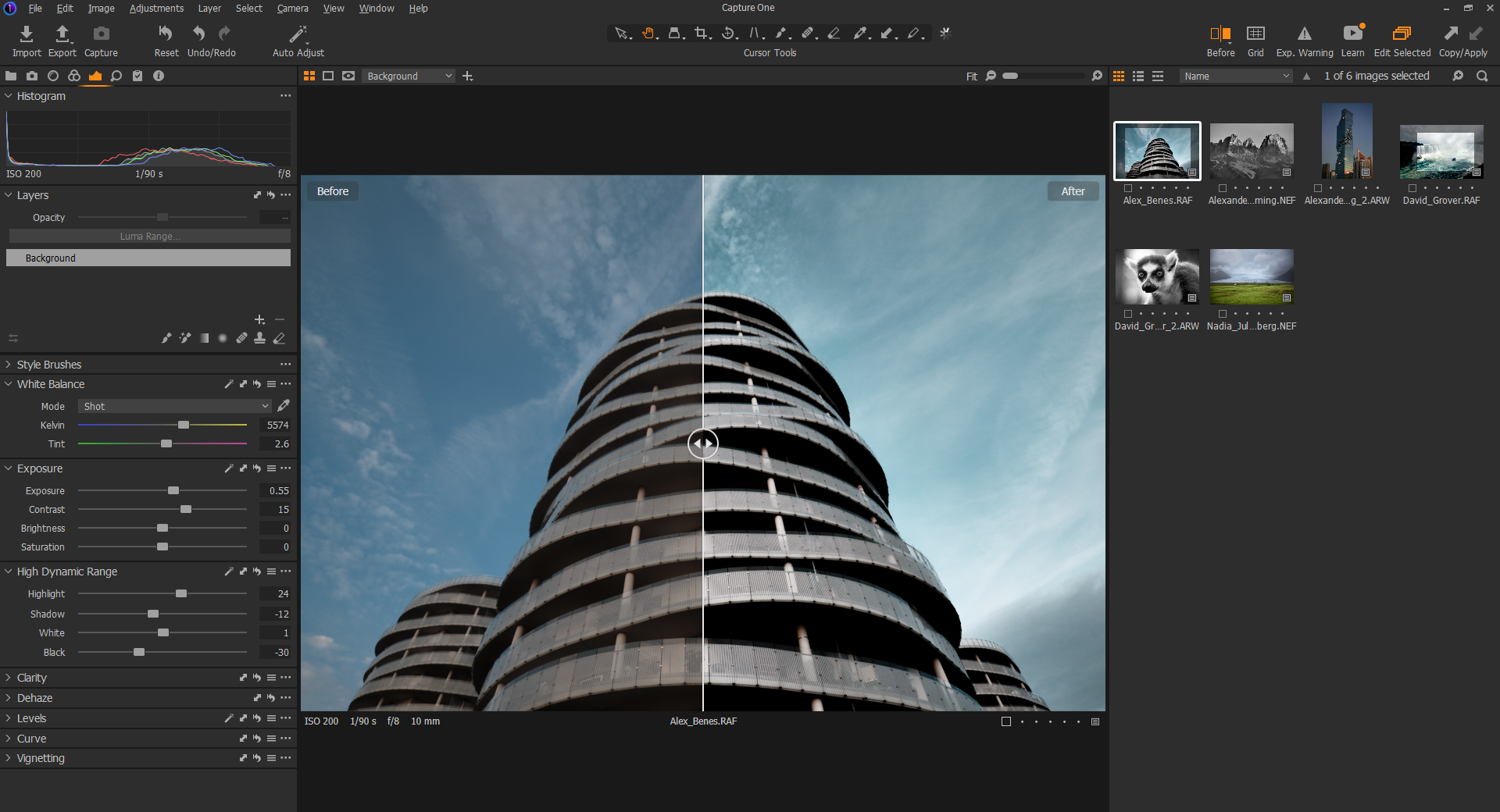 Screenshot showing a before and after edit on Capture One