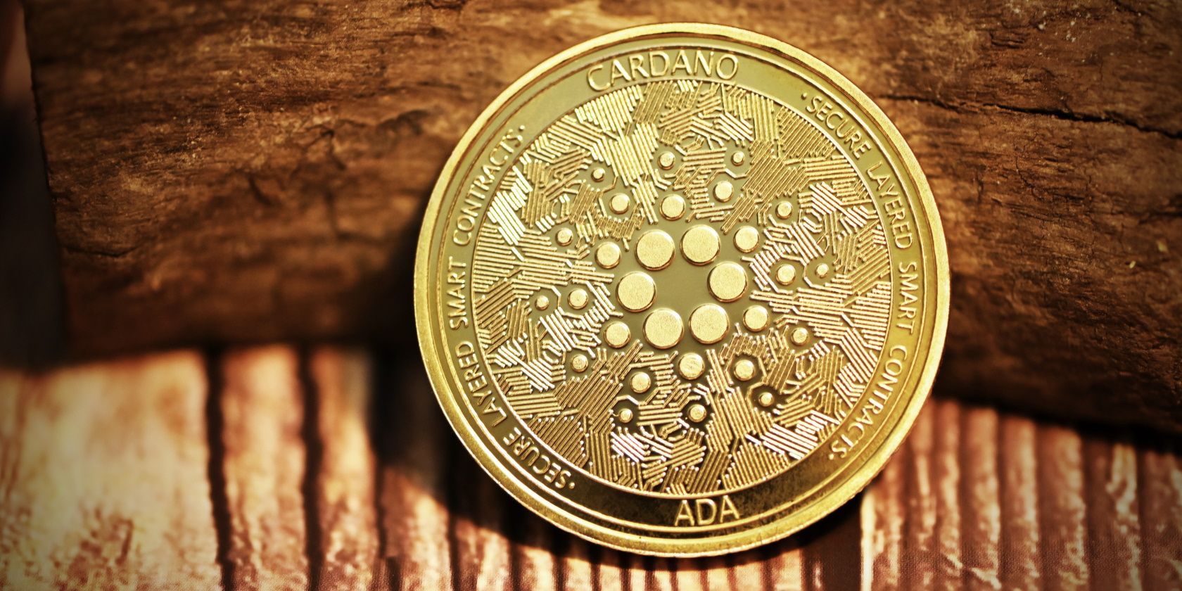 cardano coin ada token on wooden background