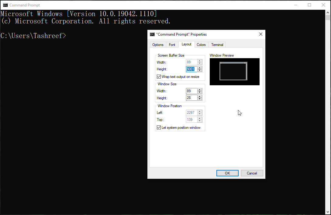 change command prompt window position layout