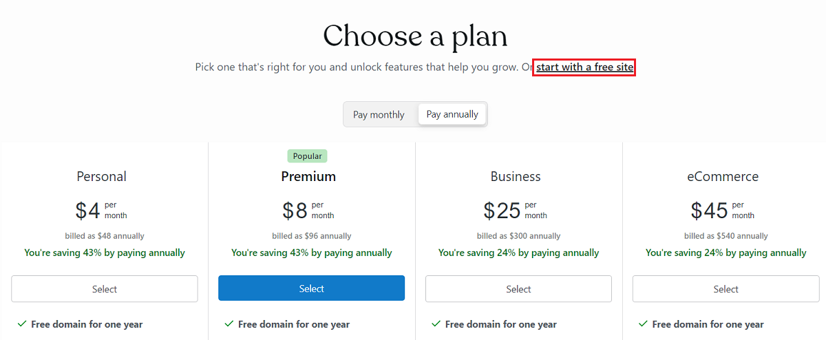 choose the free wordpress plan