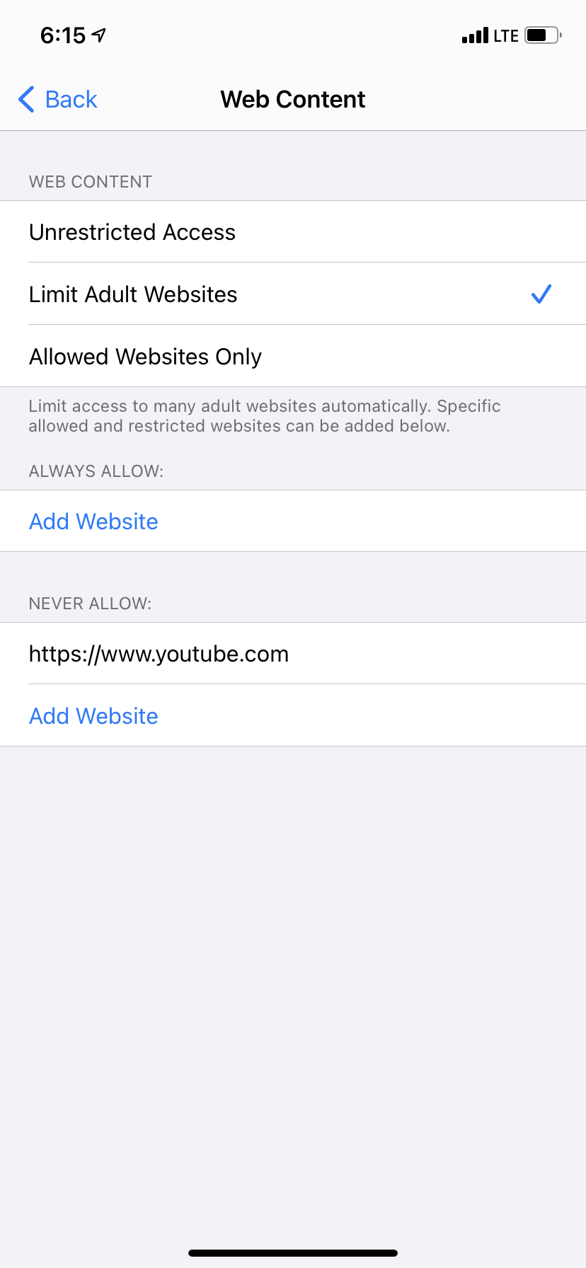 Choose to Limit Adult Websites and add YouTube's URL to the block list