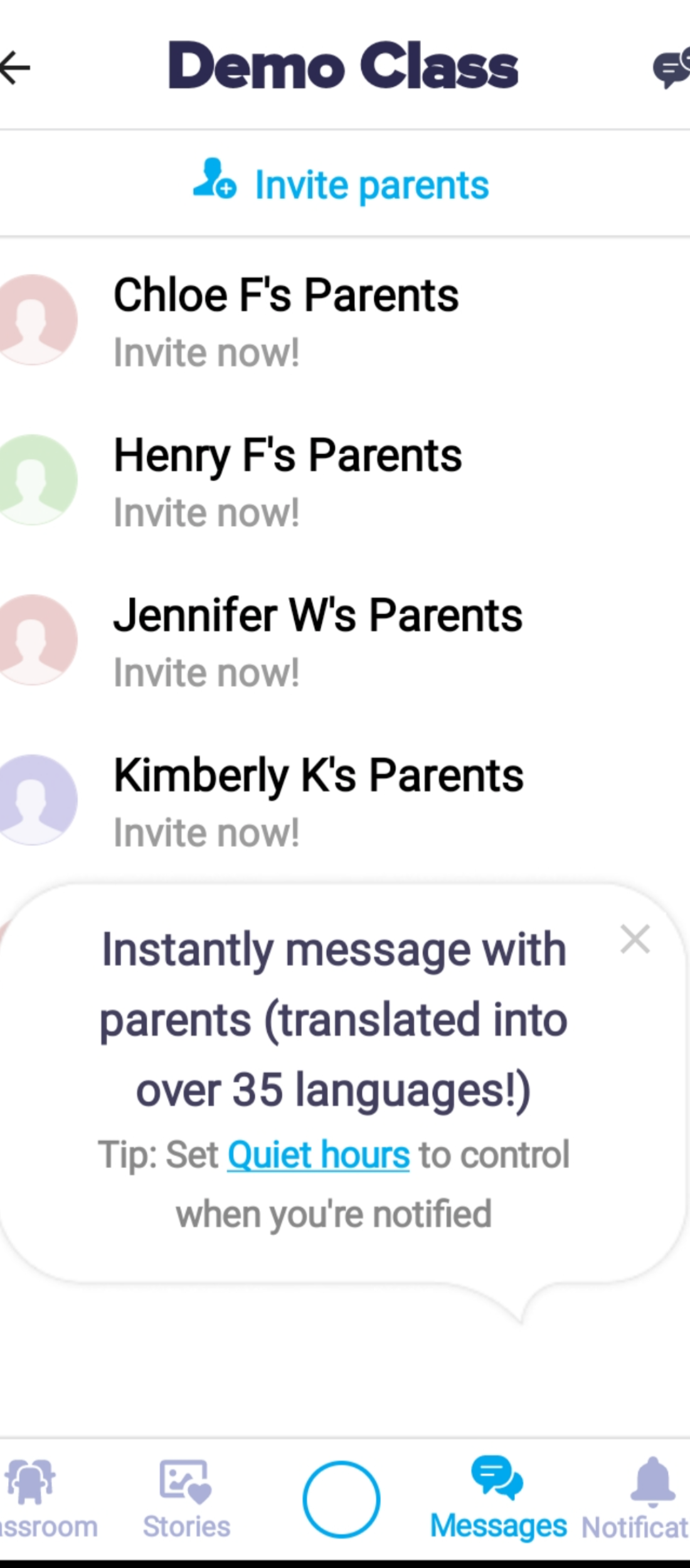 Internal messaging invite sent to parents in ClassDojo